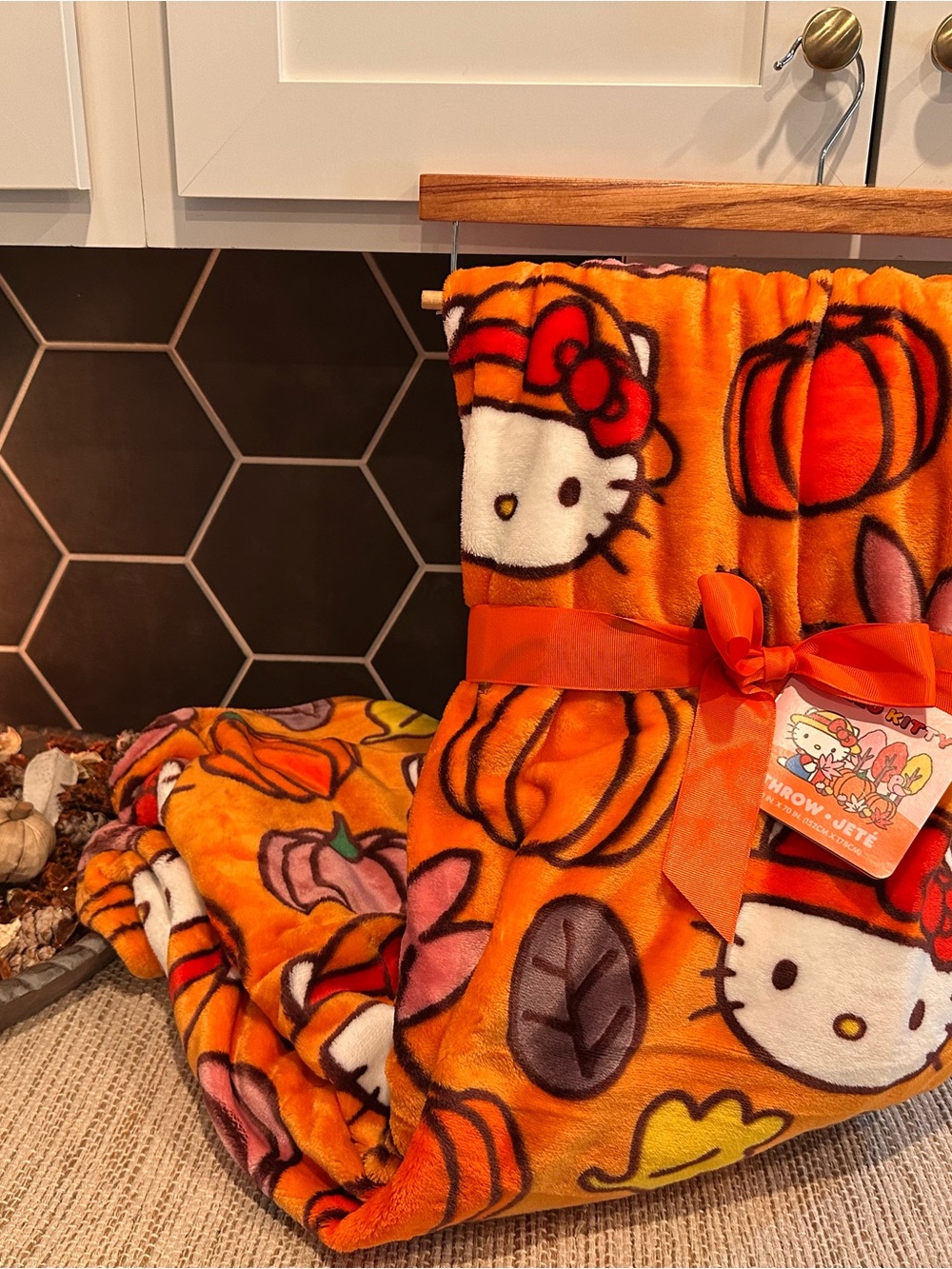 Hello Kitty Orange Pumpkin Plush Throw Blanket with Fall Motifs